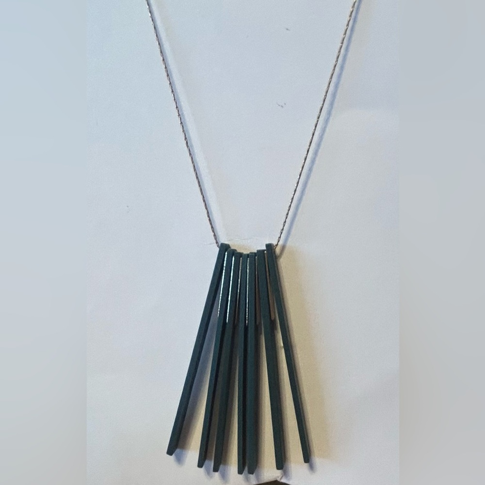 Plunder Teal Wood Fan Pendant with Gold Chain and Accents